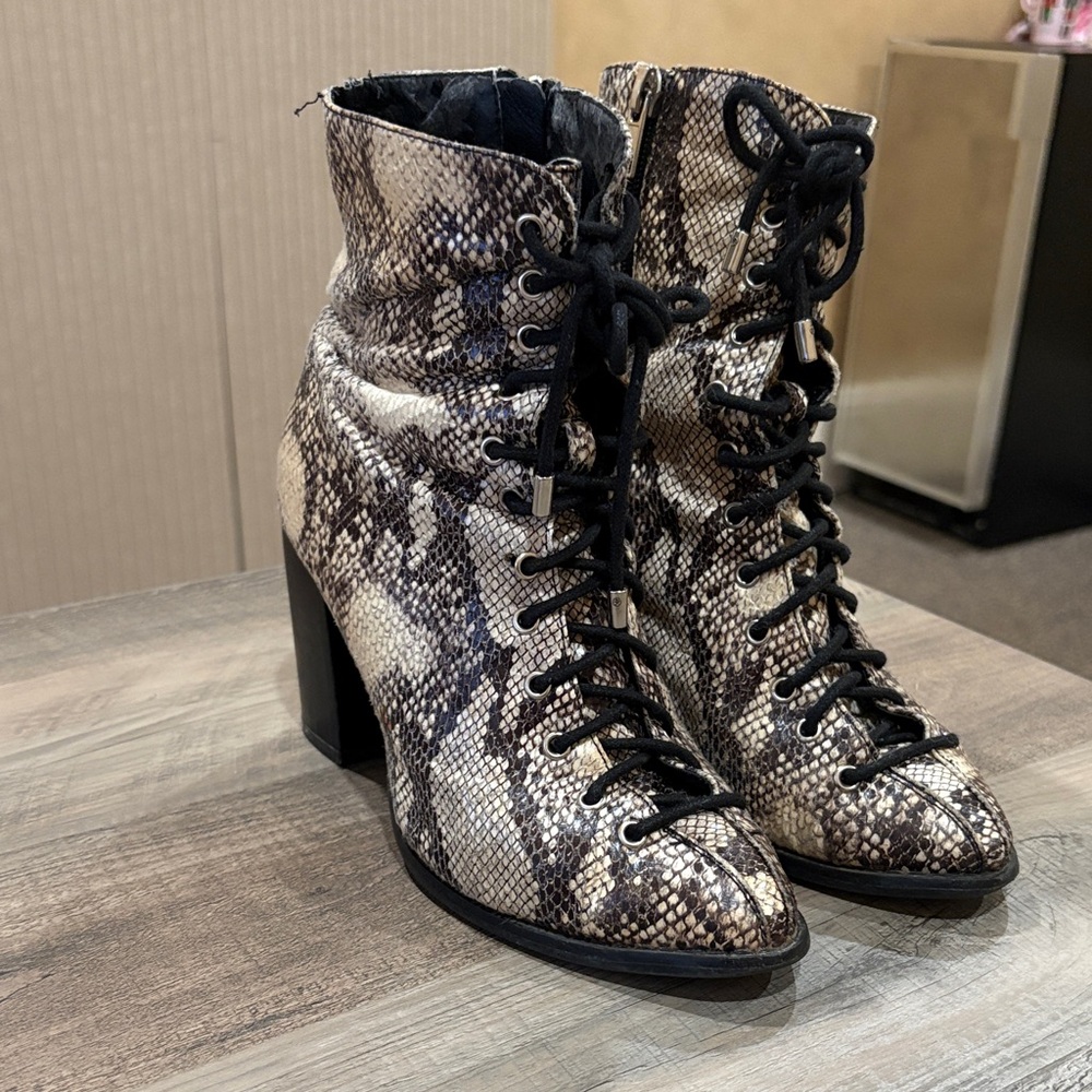 Snakeskin Lace-Up Ankle Boots